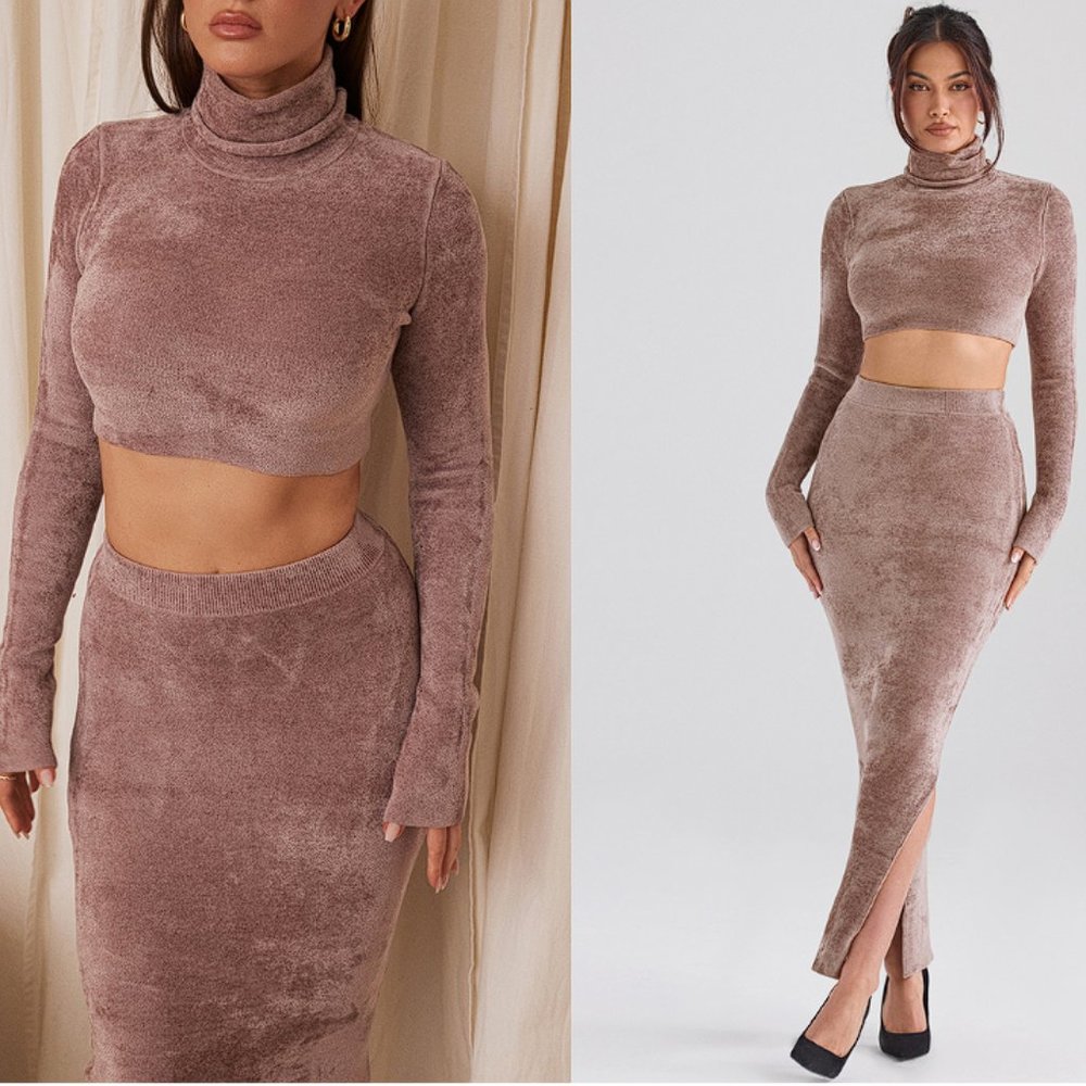 House of CB 'Suri' & 'Rene' Rose Chenille Cropped/Maxi Skirt Set NWT